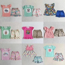 Wholesale Children Summer Set Toddler Short Sleeves Floral Cow Cactus Crawfish Tunic Ruffle Shorts Kids Baby Girl Flower Outfit