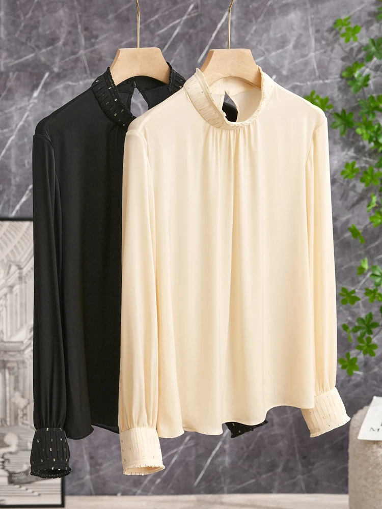 

Элегантная деловая женская рубашка из шелка с воротником-стойкой, плиссированная, из двойной марли, модная, весенняя