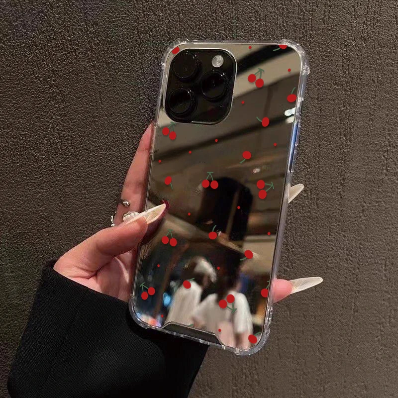 Niedliche Handyhülle mit Kirschmuster für iPhone 16 17 18 Pro Max 15 14 13 12 11 Pro X XR 7 8 Plus mit Make-up-Spiegel, stoßfest und weich.