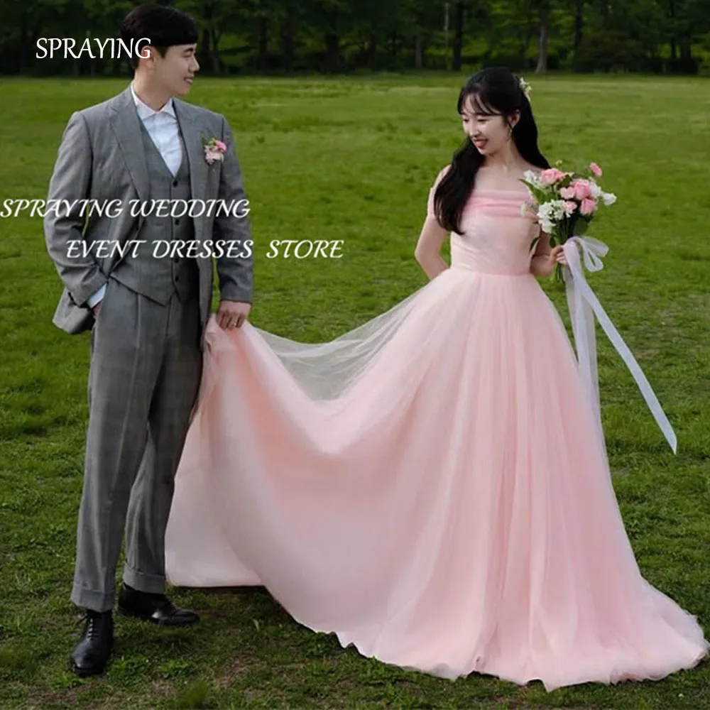 

SPRAYING Pink Tulle Evening Dress Korea Wedding Dress Photo Shoot Strapless A line Shawl Floor Length Corset Party Customized