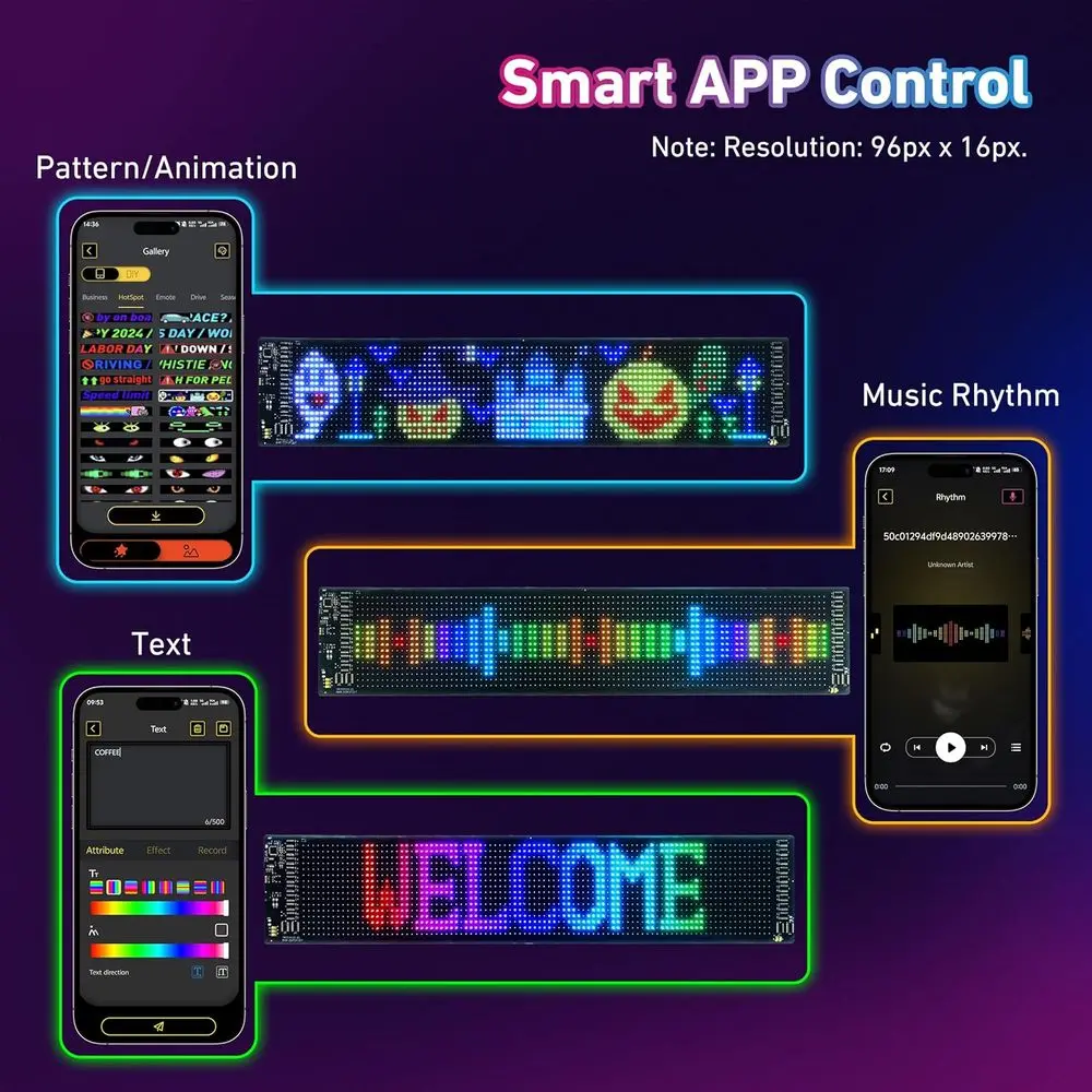 Cartello per auto a LED regolabile 23,4 x 4,7 con app e telecomando per parabrezza