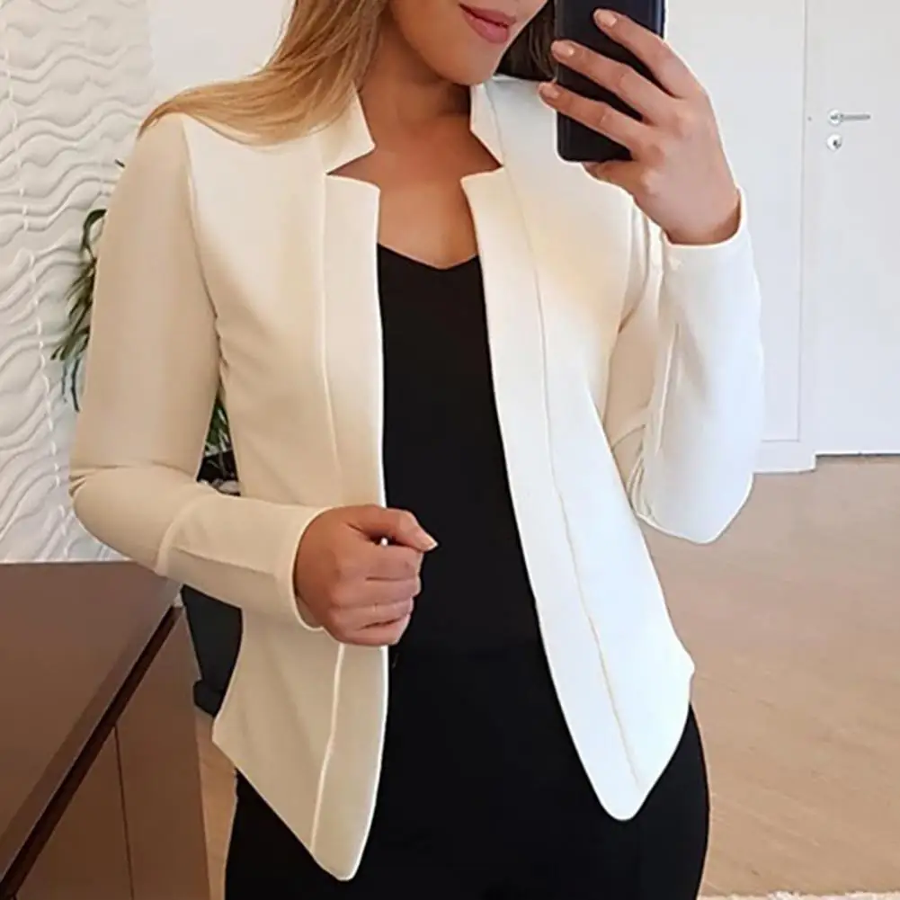 Cardigan Style Stylish Women's Slim Fit Chic Notched Collar Long Sleeve Solid Color Open Front Suit Coat for Spring Autumn