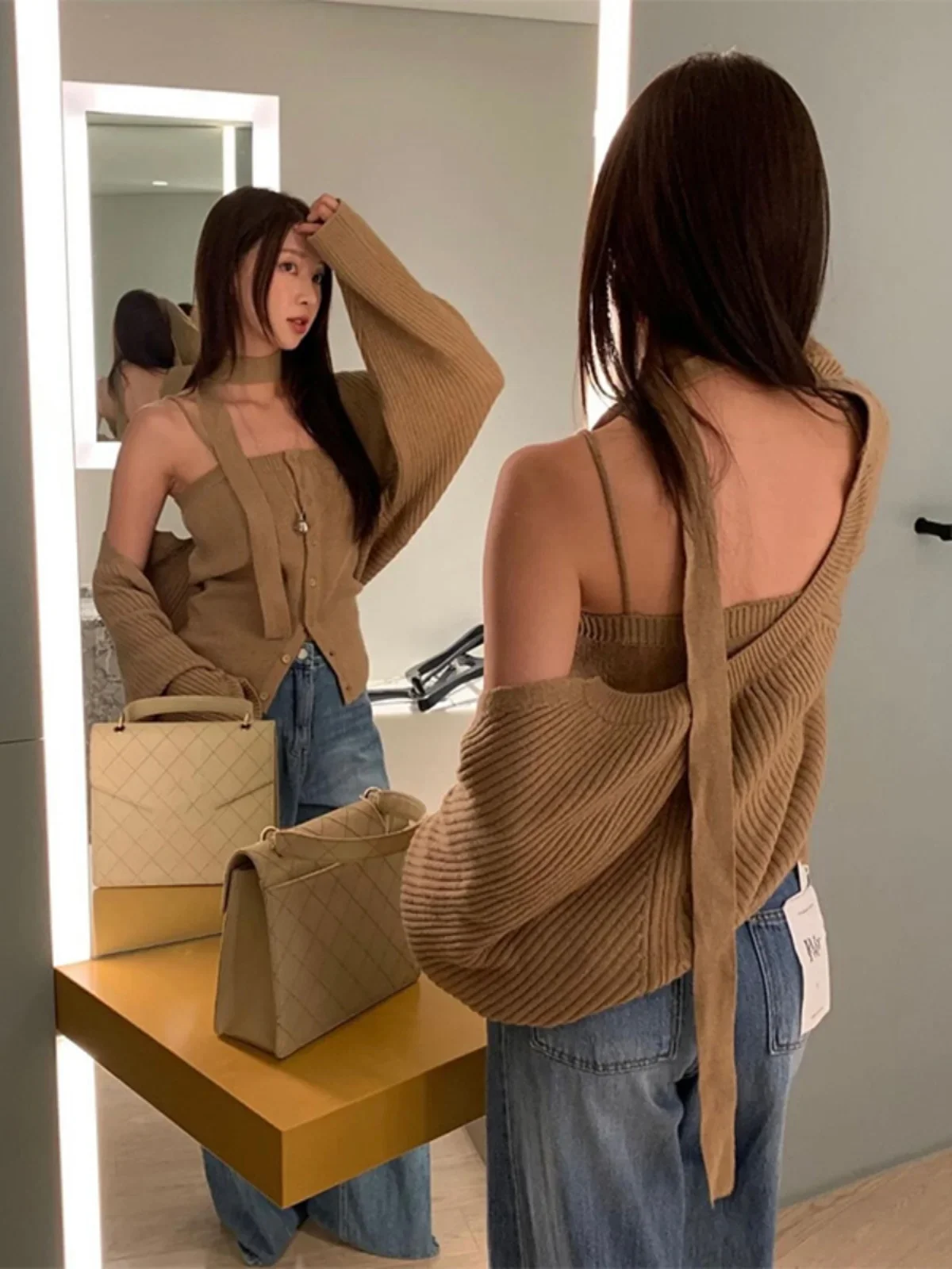 2024 Long Sleeve Knit Cardigan Women Chic Korean Sle Pure Desire Sle Crop Sweater + Fashion Base Cami Two-piece Set Q48