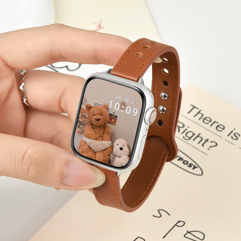 Тонкий кожаный ремешок для Apple Watch Band 44 мм 45 46 38 40 41 42 49 мм Женский браслет correa iWatch Series 10 9 8 7 se 6 5 4 Ultra2