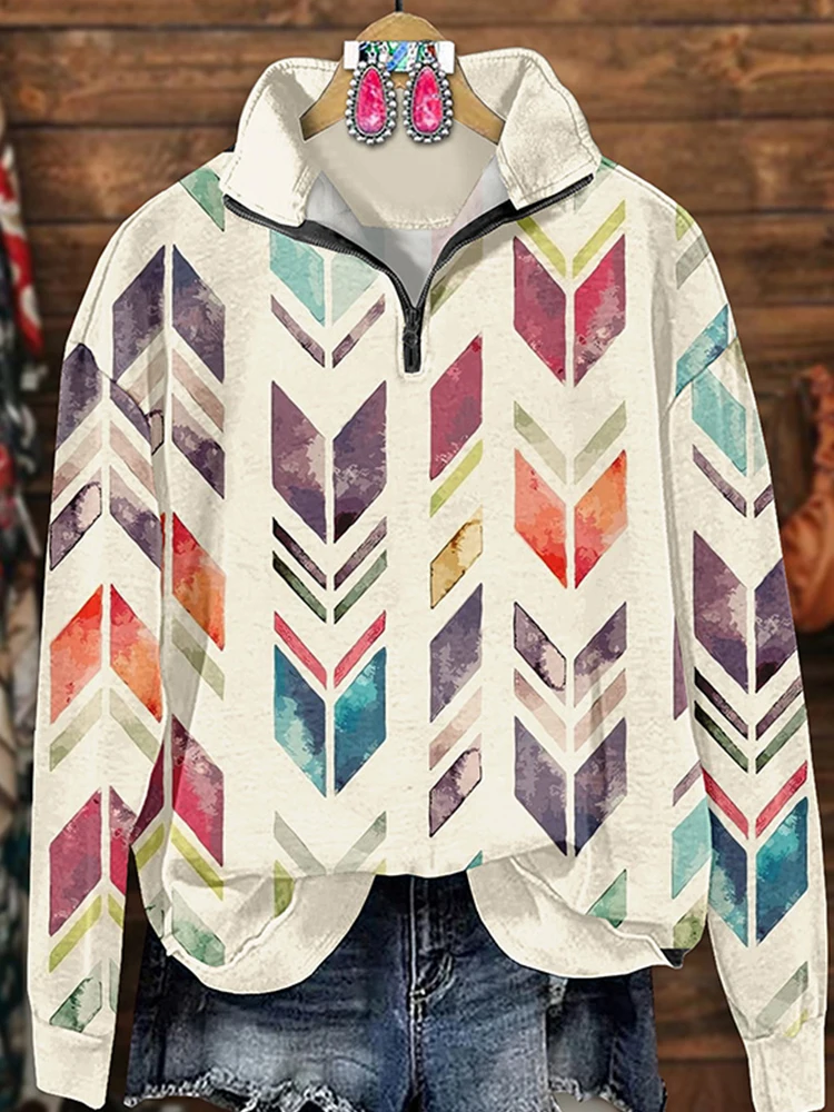 Retro Western Aztec Arrow Print Zip-Up Sweatshirt