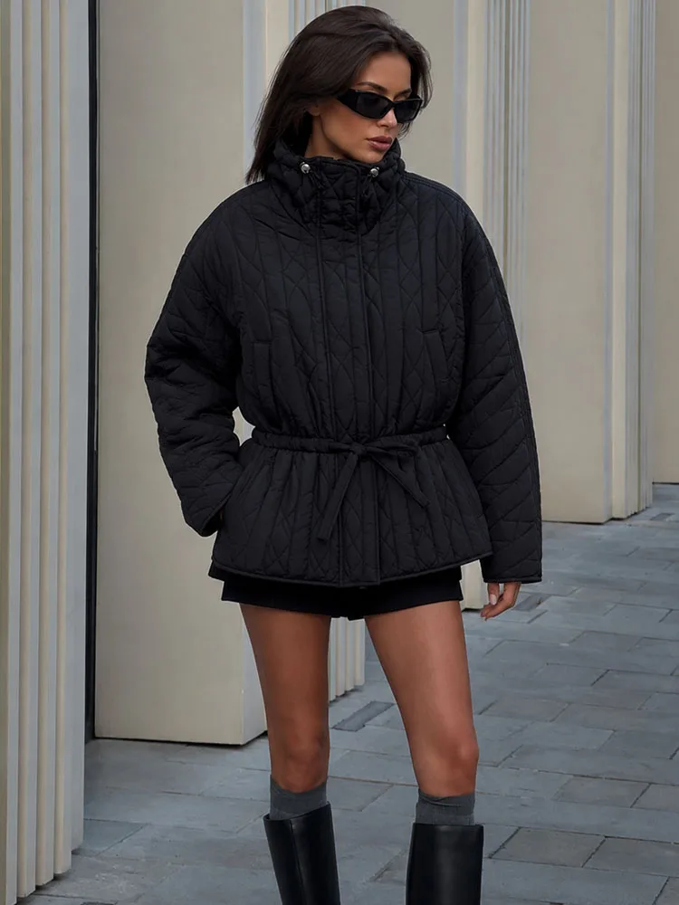 HH Fashion Women's Stand Collar Quilted Cotton Jacket Autumn Winter Features Elastic Drawstring Long Sleeves Casual Warm Coat