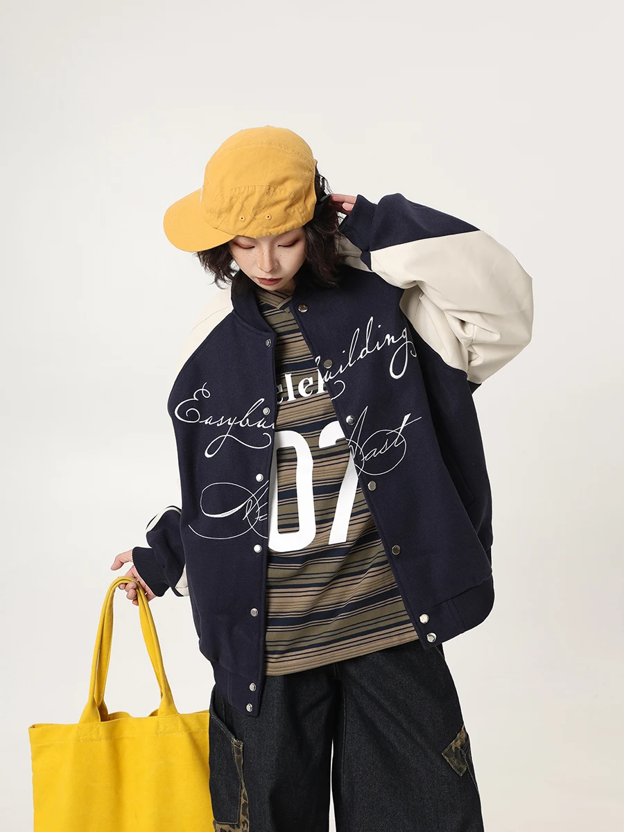 BETE BULE American High Street Loose Fit Men's Baseball Jacket Contrast Color Embroidery Trendy Youth Casual Long Sleeve Coat