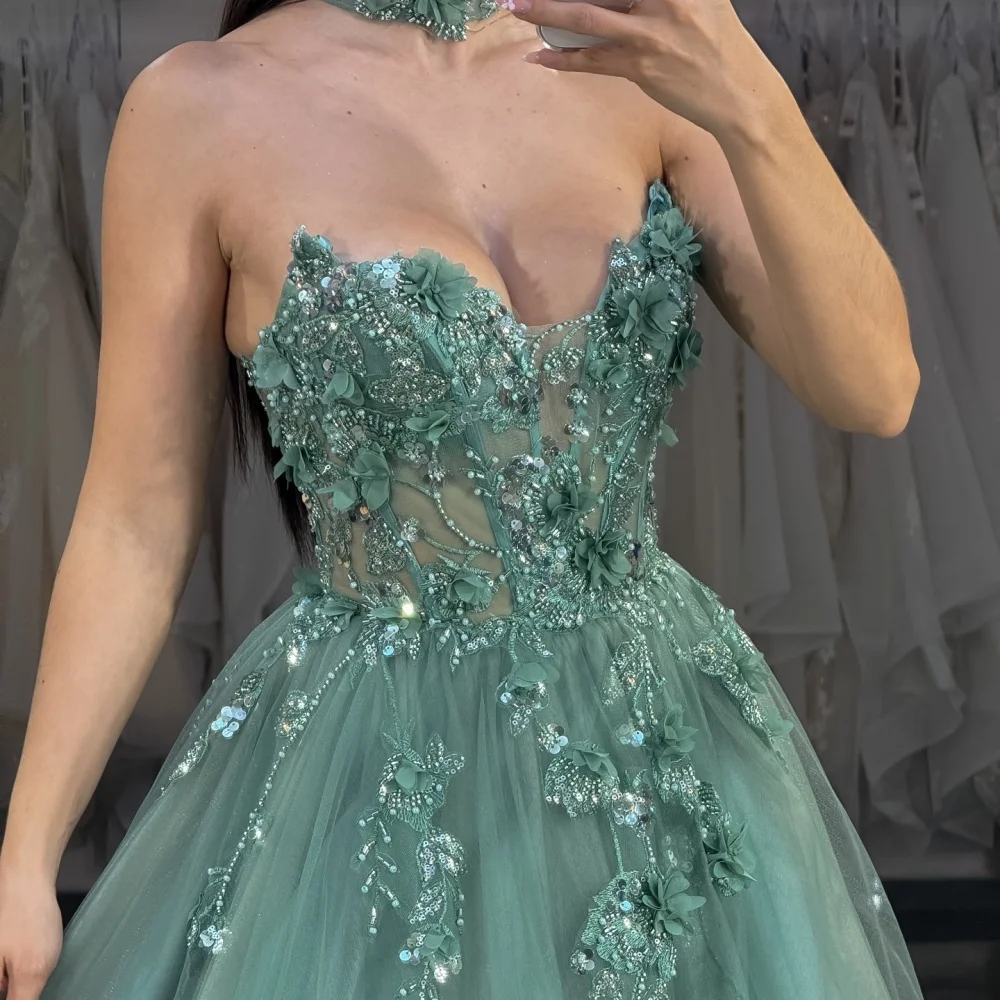 Amanda Customized Green Sequins Strapless A-line Prom Dresses Mesh Fabric vestidos de noche Floor-Length Formal Evening 2025 image 3