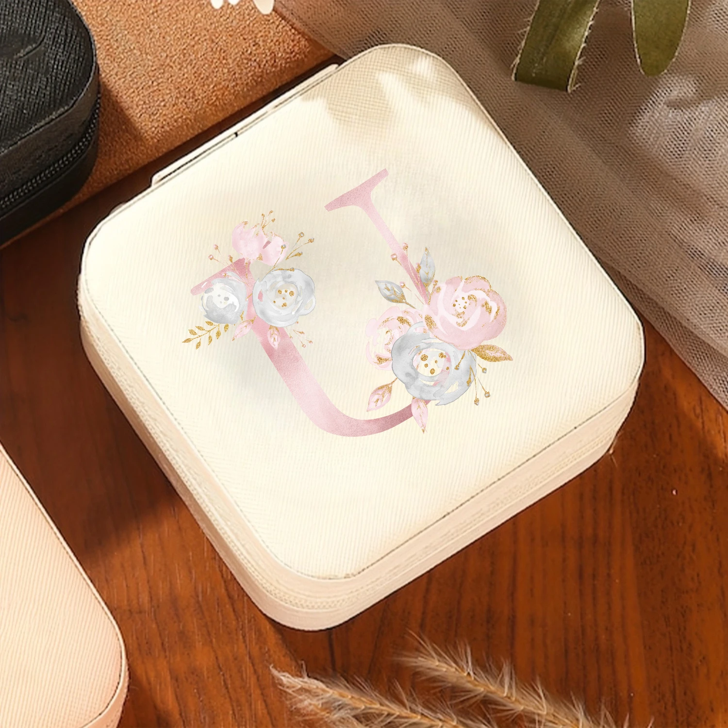 A-Z Alphabet Print Beige Travel White Storage Box, Jewelry Box with Zipper Closure and Fabric Lining - view 5