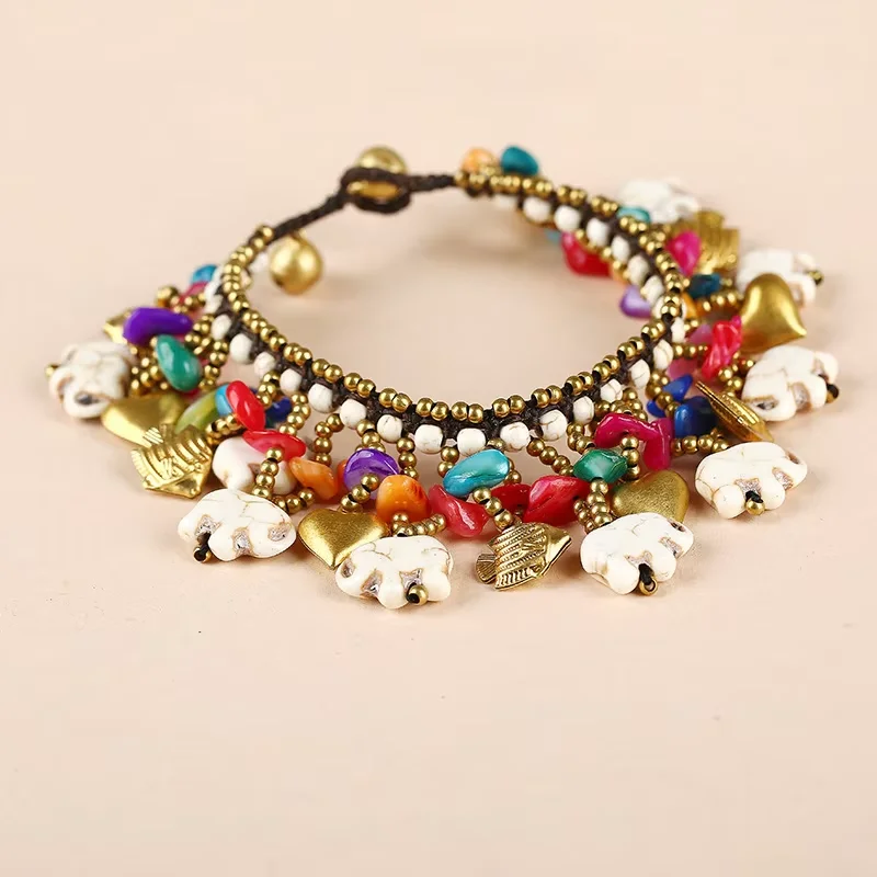Style bohème poterie pierre éléphant plein bracelet à breloques pour les femmes coloré Vintage