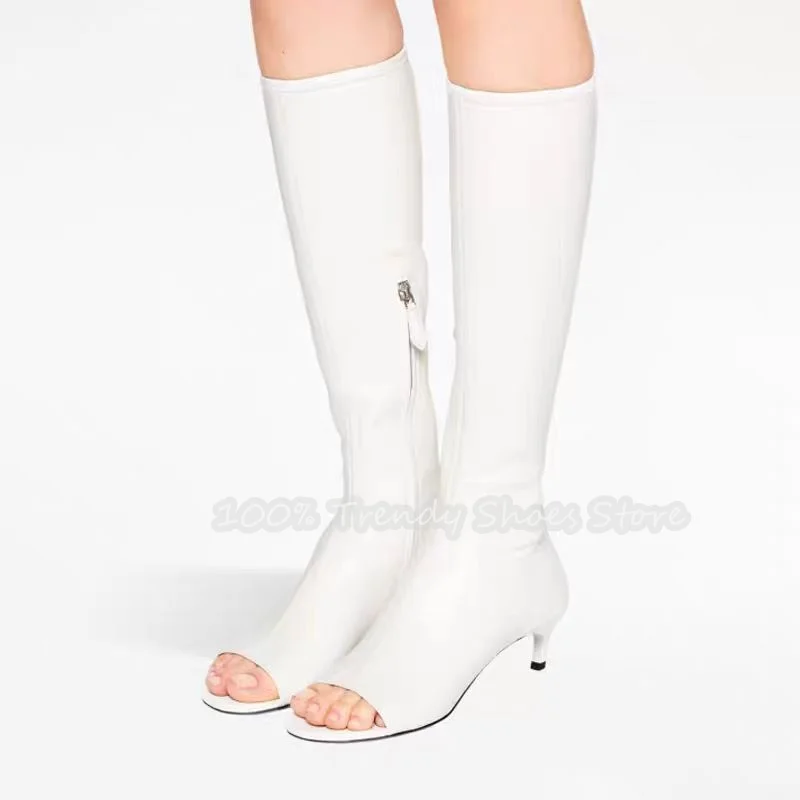 

Sexy Peep Toe High Heel Women Summer Cool Boots Side Zipper Knee-High Long Boots Ladies Strecth Boots Catwalk Party Dress Shoes