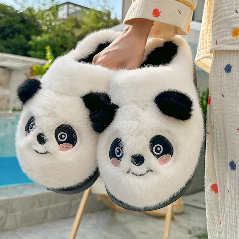 Cute Cartoon Panda Slippers Women 2024 Winter Warm Plush House Slippers Woman Comfortable Soft Sole Non Slip Indoor Home Slides