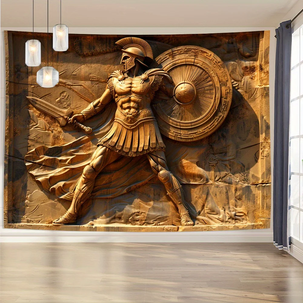 Vintage Spartan Warrior 3D Wall Tapestry – Shield & Sword Design, Polyester Decor for Living Room, Bedroom & Office