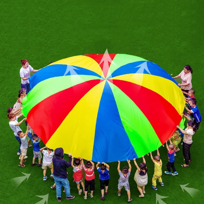 Hot Diameter 2M Child Kid Sports Development Outdoor Rainbow Umbrella Parachute Toy Jump-sack Ballute Play Parachute 8 Bracelet