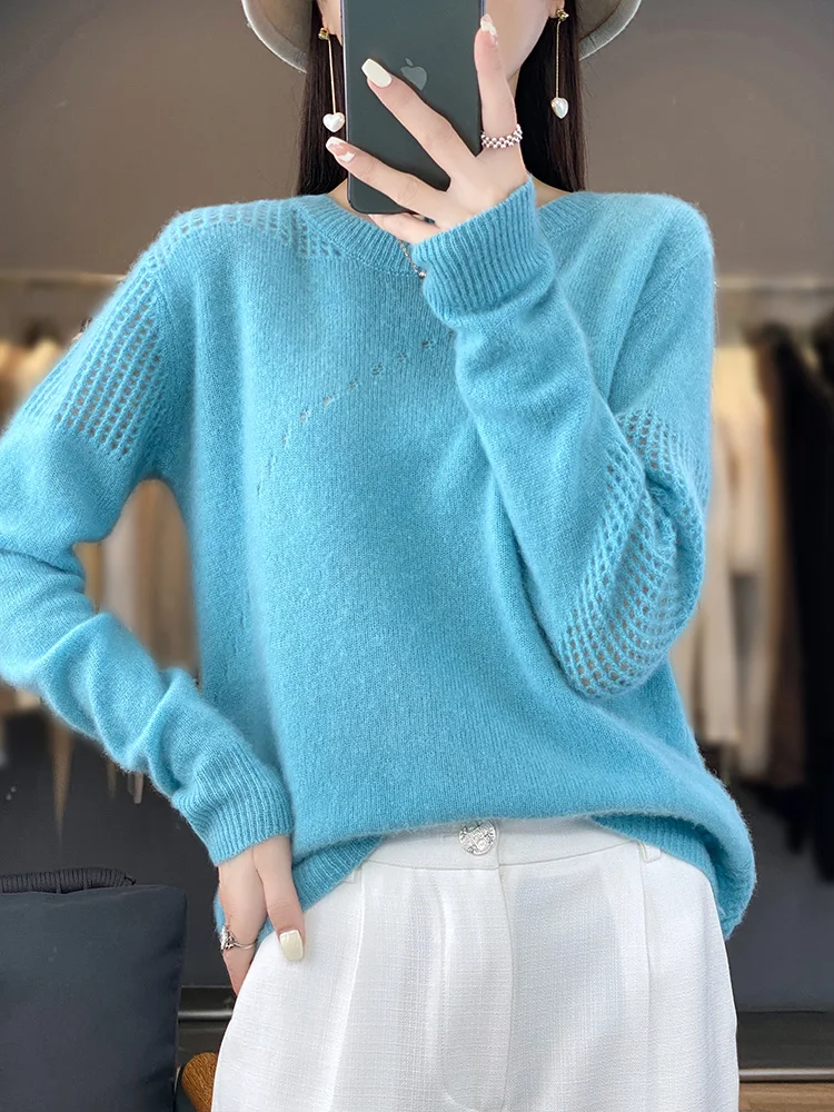 

2024 Spring New Women O-neck Pullover Sweater 100% Merino Wool Hollow Long Sleeve Cashmere Knitwear Casual Basic Female Clothing