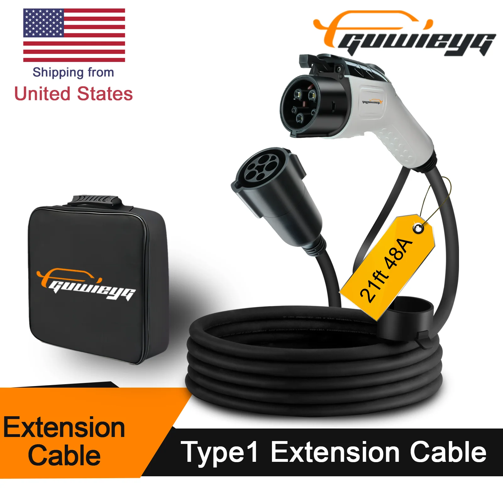 GUWIEYG Type1 Extension Cord Compatible with J1772 EV Charger 21ft 250V Max EV Charging Cable Extension Electric Car Charging