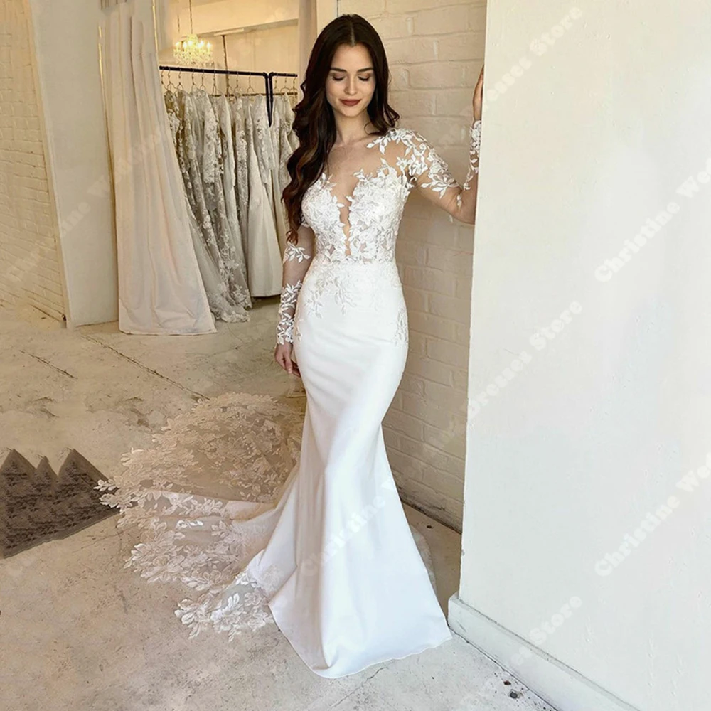 High-Quality Satin Women Bride Gowns Sexy Lace Long Sleeves A-Line Mopping Length Wedding Dresses Formal Sweet Beach Party Robes