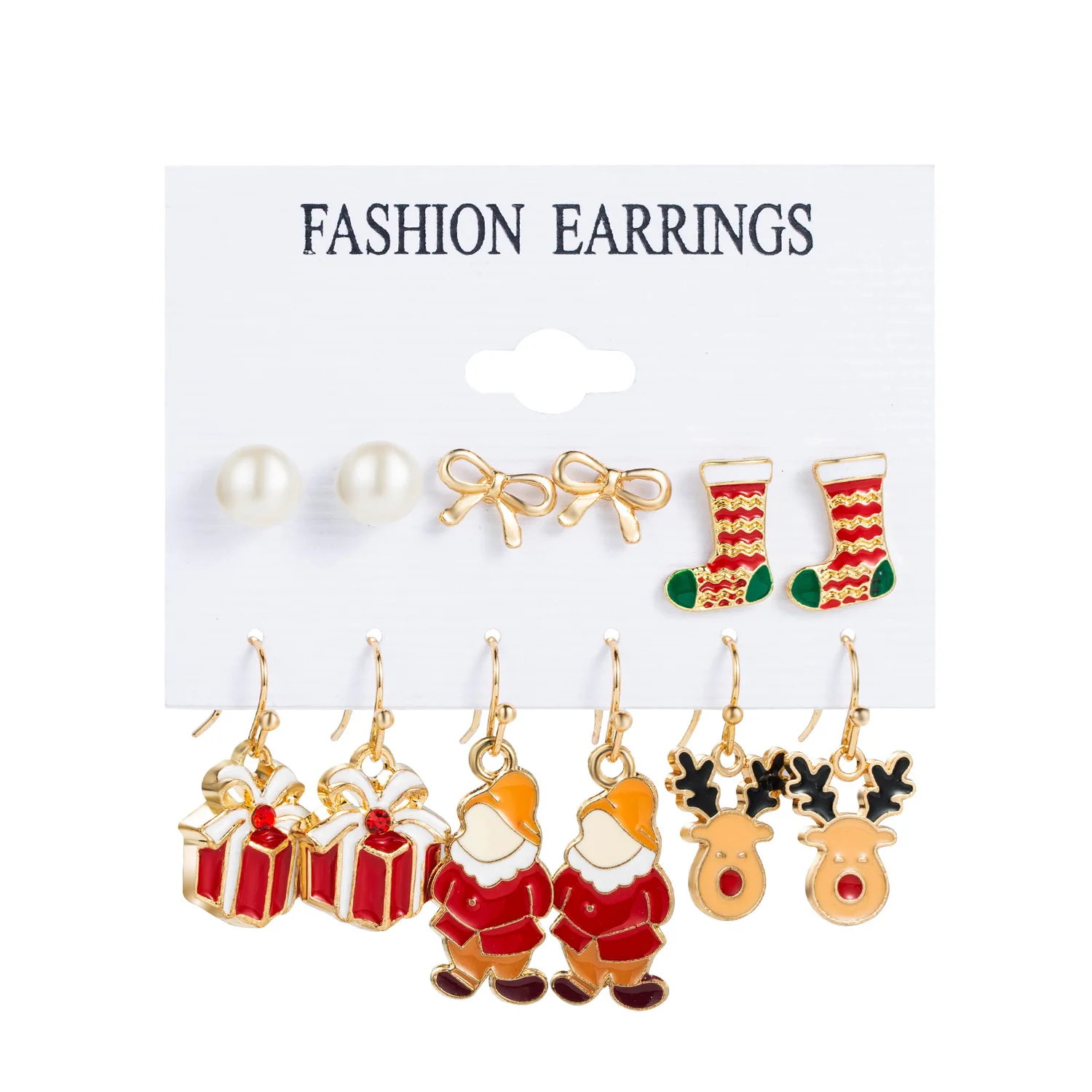 FTCY 6pcs Women\'s Christmas Stud Earring Set Elk Christmas Tree Snowman Moon Decoration Hoop Earrings  Pierced Ear Jewelry Gift