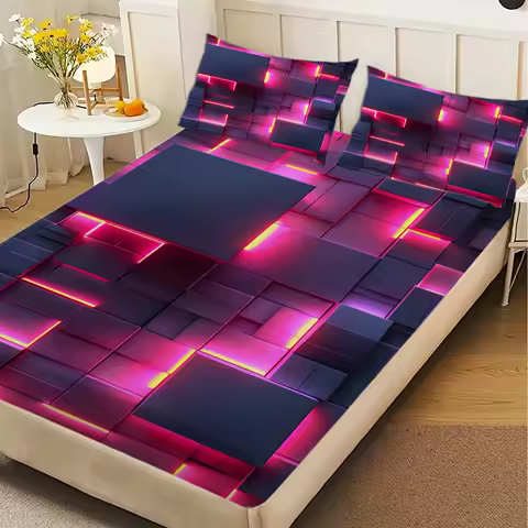 1 Piece Neon Grid Fitted Sheet Pink Purple 3D Cyberpunk Bedding Soft Microfiber Mattress Cover For Bedroom