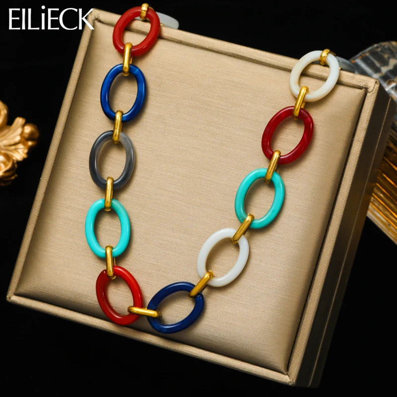 

EILIECK 316L Stainless Steel Acrylic Colorful Oval Circles Necklace For Women Exaggerated Neck Chain Waterproof Jewelry Gift