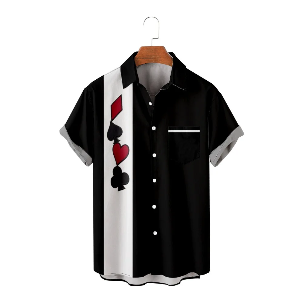 2023 Men\'s Shirt Poker Card Printed Casual Loose Fitting Shirt Short Sleeved Black and White Top