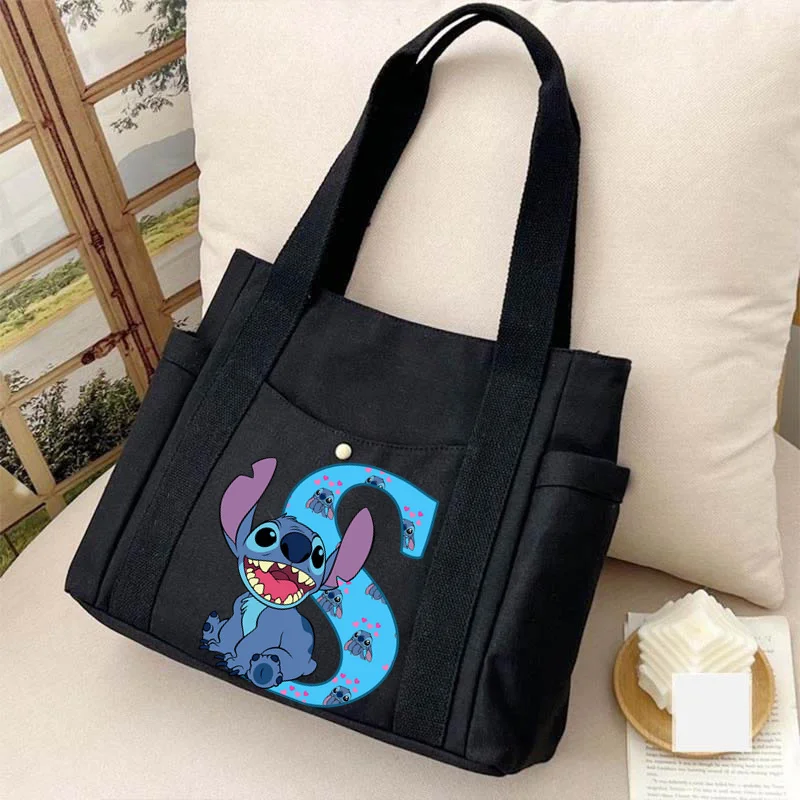 Bolso de hombro con letras en inglés para mujer, bolsa de mano de gran capacidad, con estampado de Disney Stitch, A-Z, 26