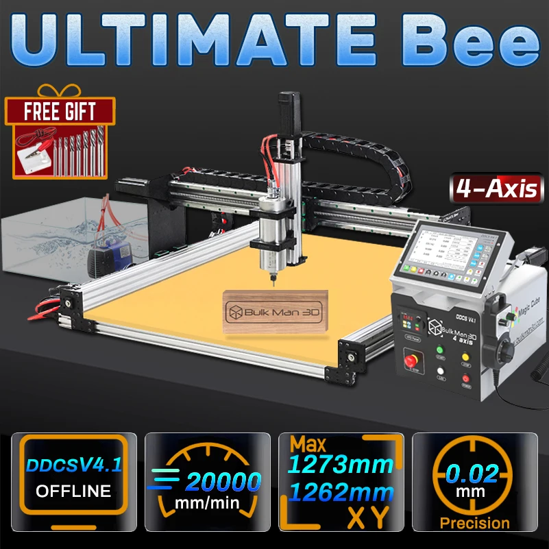 BulkMan3D ULTIMATE Bee 4軸CNCルーター彫刻機、DDCSV4.1オフラインコントロールボックス付き、木材、金属、アクリル、PCBのフライス加工に