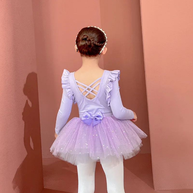 Artistic Skating Child Dresses Flutter Short Sleeve Girl Ballet Leotard Korea Princess Tutu Skirt Bow Knot Jersey Ballerina New