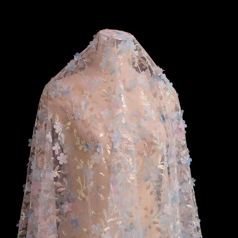 작은 꽃 스팽글 부드러운 메쉬 거즈 원단 바느질 드레스 이브닝 드레스 아동복 마이크로 탄성 DIY 원단