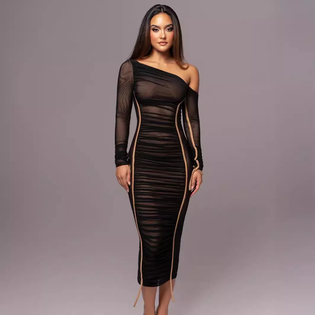 Spring New Women's Clothing Long-sleeved Mesh Stitching Slanted Shoulder Medium and Long Dress Fashion Pleated Dress Women's