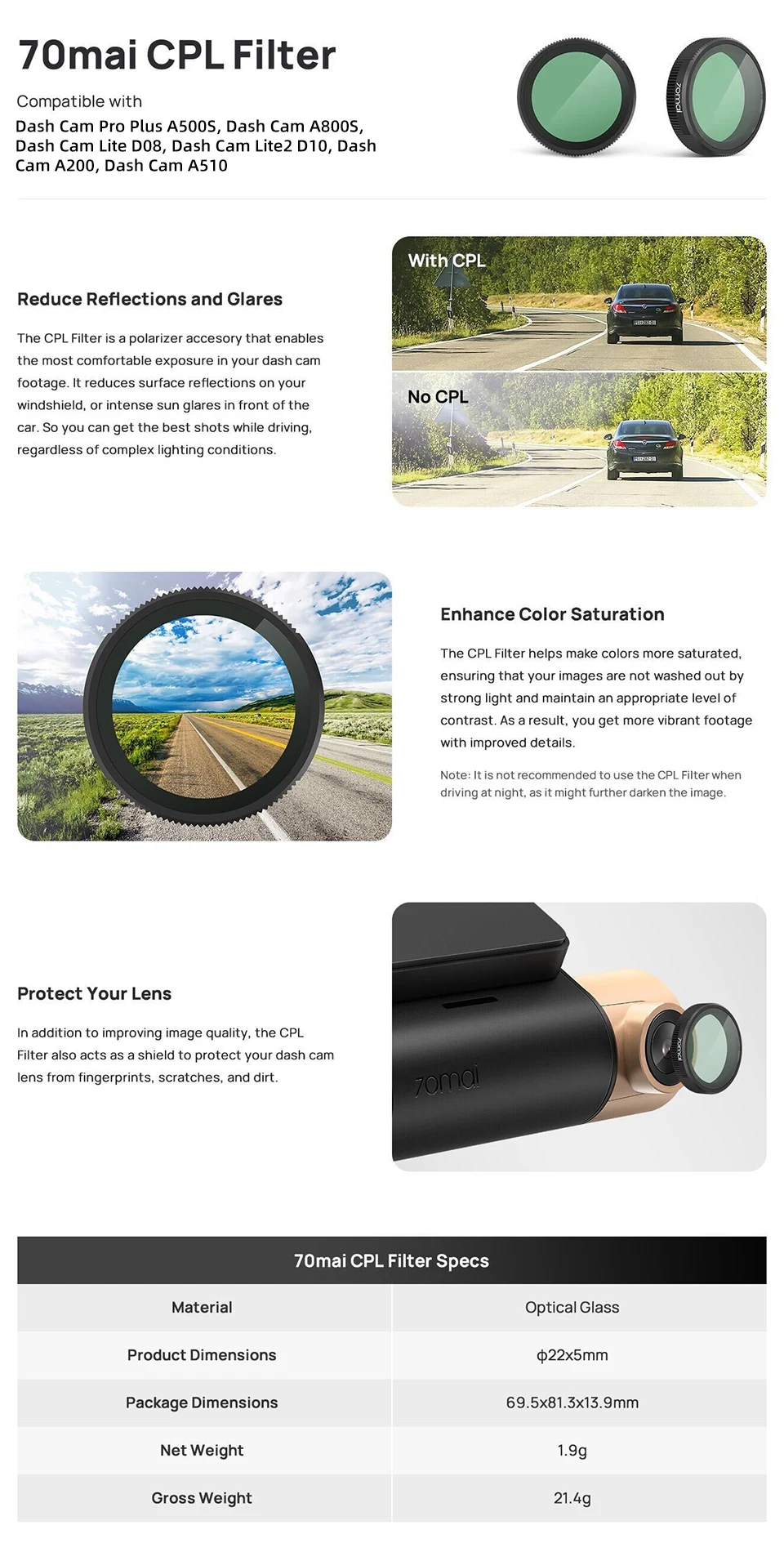Original 70mai CPL-Filter für 70mai Dash Cam 4K A800SE/A510/A800S/A500S/A200/Lite2 D10/Lite D08 Objektivfilter Objektivdeckel – Detail 1