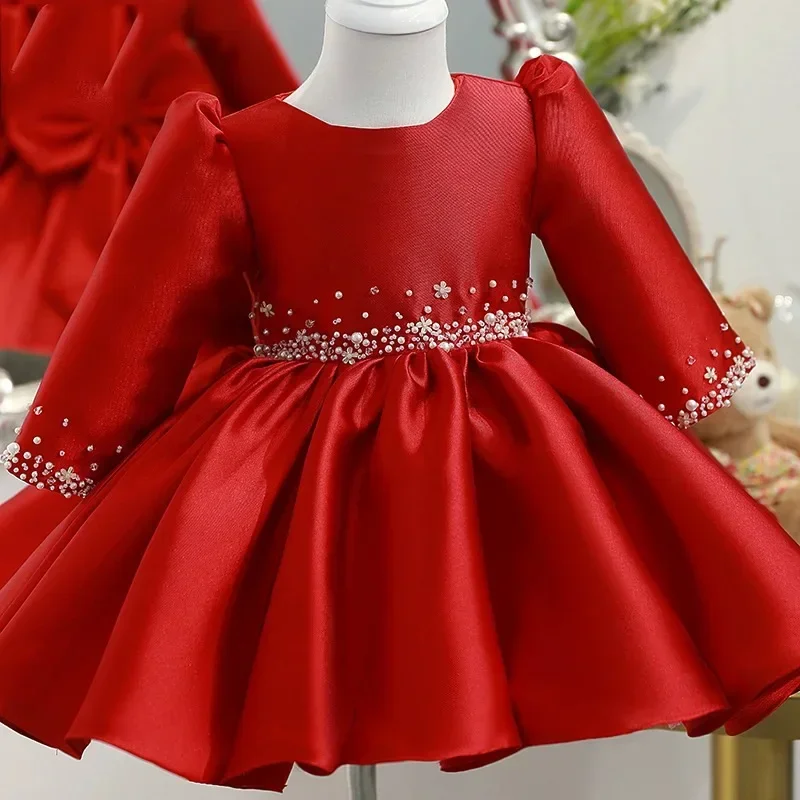 long sleeve Infant Gown For Baby Girls 1st Birthday Party Beading Princess Dresses Children Baptism Christening Banquet Clothing