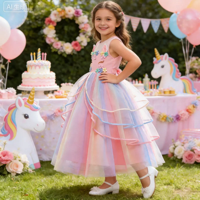 Kids Long Tail Unicorn Dress Girls Birthday Party Dress Princess Carnival Costume Pastel Rainbow Gown Stage Performance Dress