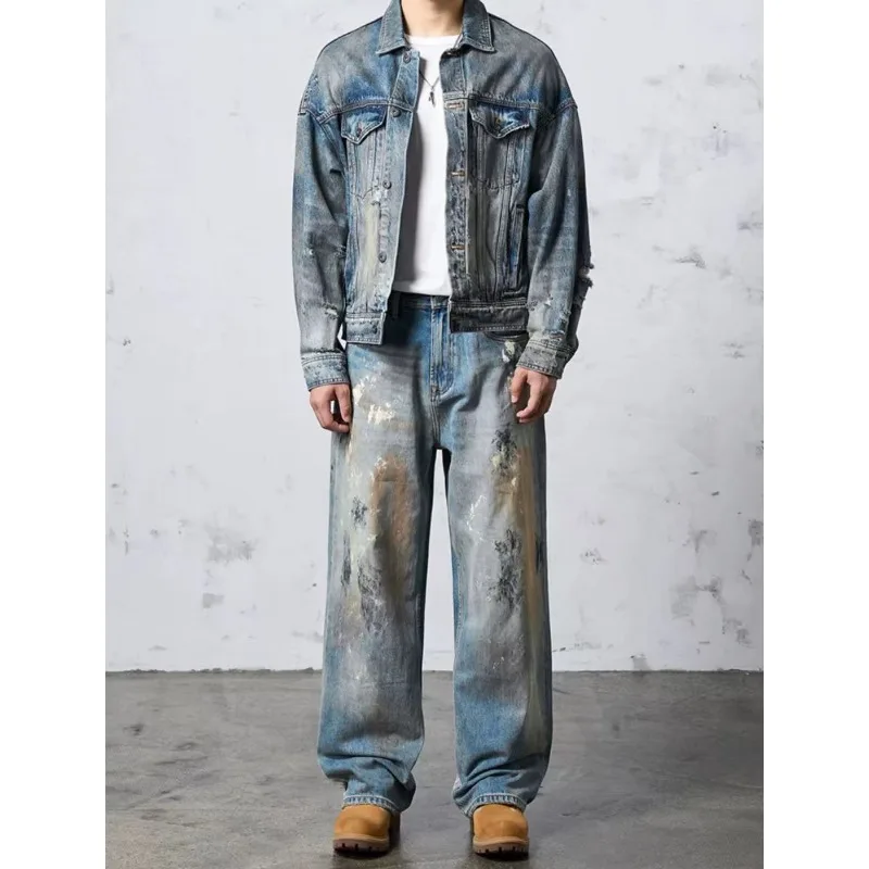 OIQERE Men European American Vintage Washed Jeans Fashion Trendy Loose Straight Leg Retro Casual Long Denim Trousers