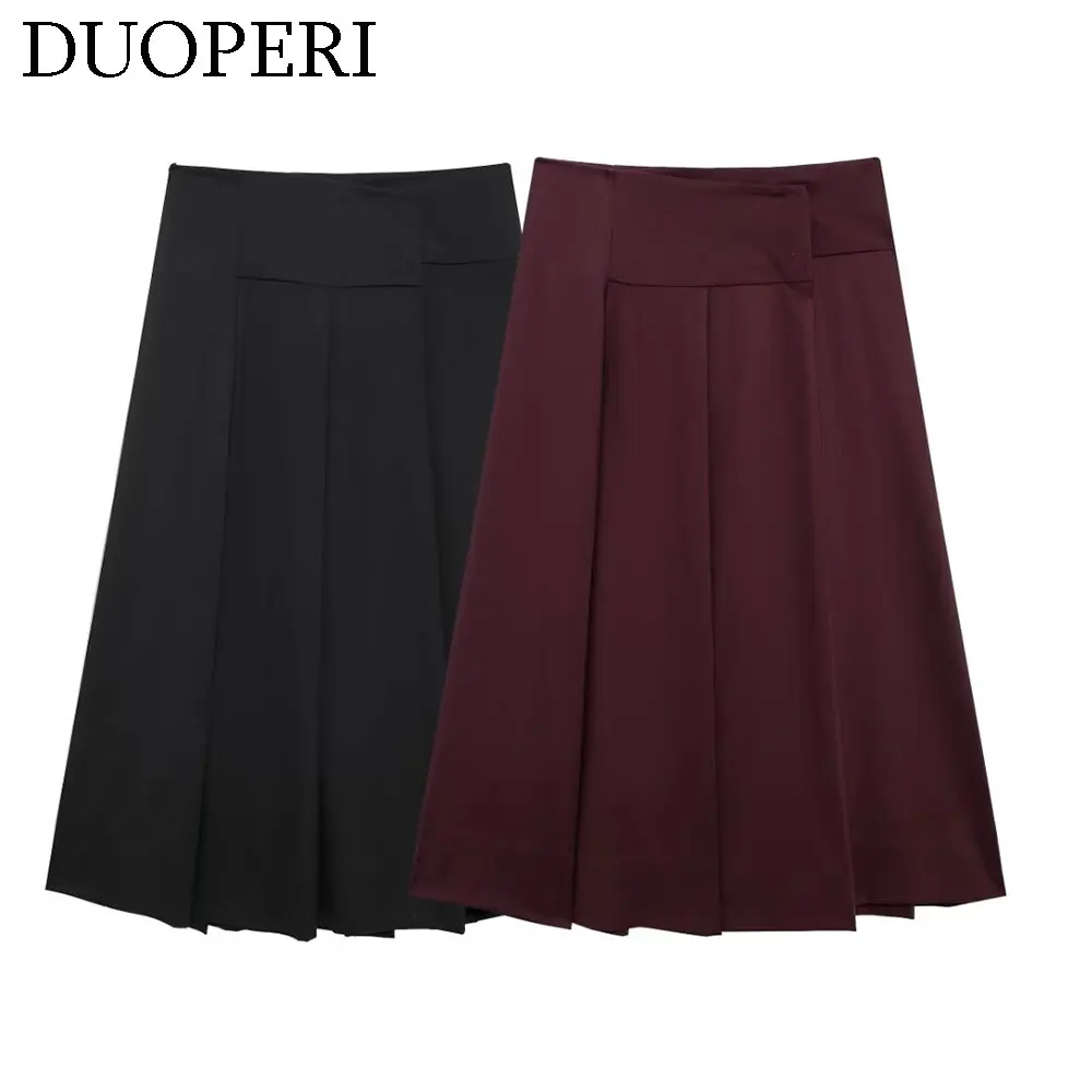 DUOPERI Women Fashion Black Pleated A-Line Midi Skirt High Waist Female Vintage Chic Lady Skirts