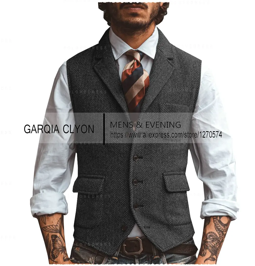 ใหม่ผู้ชายชุด Herringbone Fabaric อย่างเป็นทางการ Waistcoat สำหรับงานแต่งงานเจ้าบ่าวชุดสำหรับงานแต่งงาน