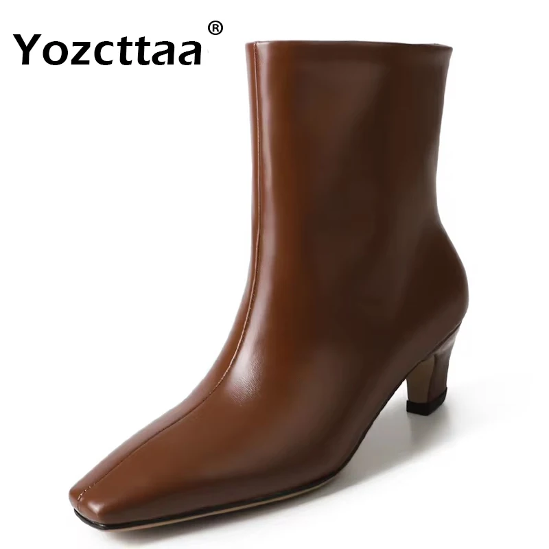 

Yozcttaa Size 34-40 Wide Mid Calf Boots For Women Real Leather Kitten Heels Ankle High Boots Casual Vintage Office Daily Dressy