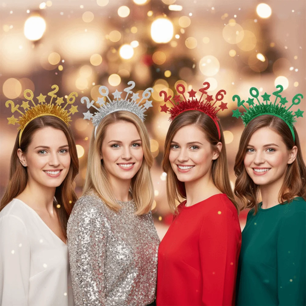 

Sequin 2026 Happy New Year Headband Sweet Creative Christmas Headpiece Cute Photo Prop Star Strip Headwear New Year Dress Up