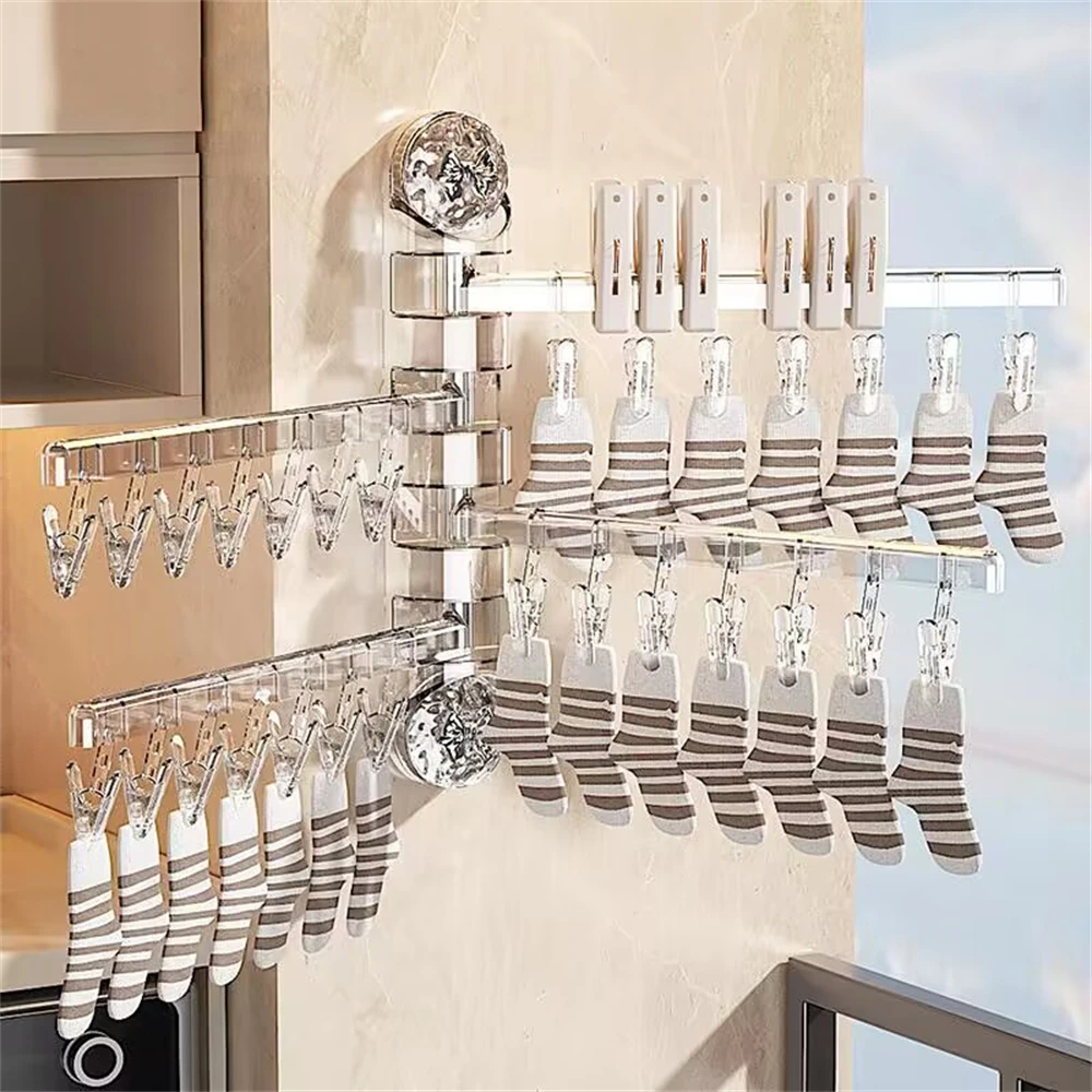 Suction Cup Socks Drying Rack Home Multifunctional Balcony Underwear Folding Socks Clip Wall Mounted 4 Rods 28 Clips Clothespin