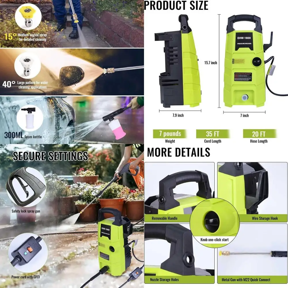 

Портативная электрическая мойка высокого давления 1800PSI 1.6GPM с 20-футовым шлангом, 35-футовым кабелем питания и бутылкой для моющего средства для уборки на улице