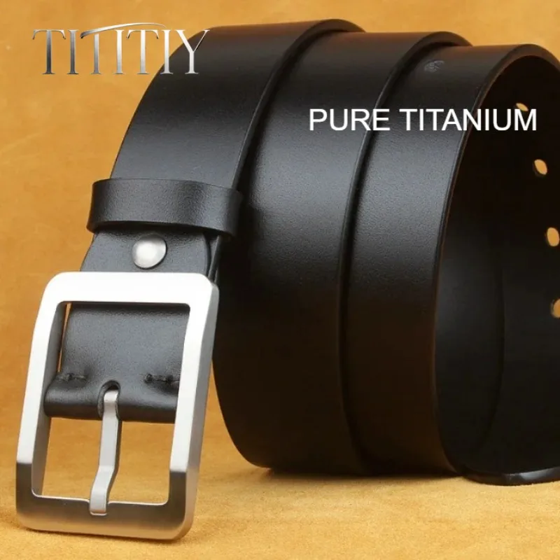 Pure Titanium Pin Buckle Leather Belt Men, Hypoallergenic Casual Cowhide Waistband, Minimalist for Middle-Age Jeans 34mm/38mm