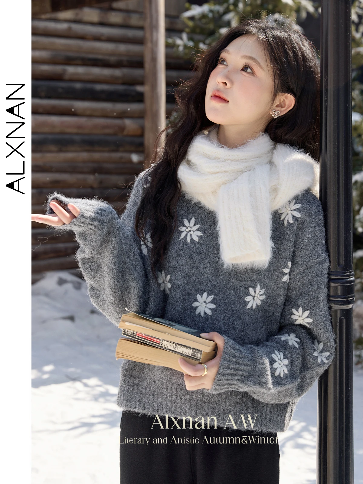 

ALXNAN Women Winter Warm Sweaters Soft O-neck Drop Long Sleeve Snowflake Pattern Pullovers 2024 New Knitted Jumper Female L52383