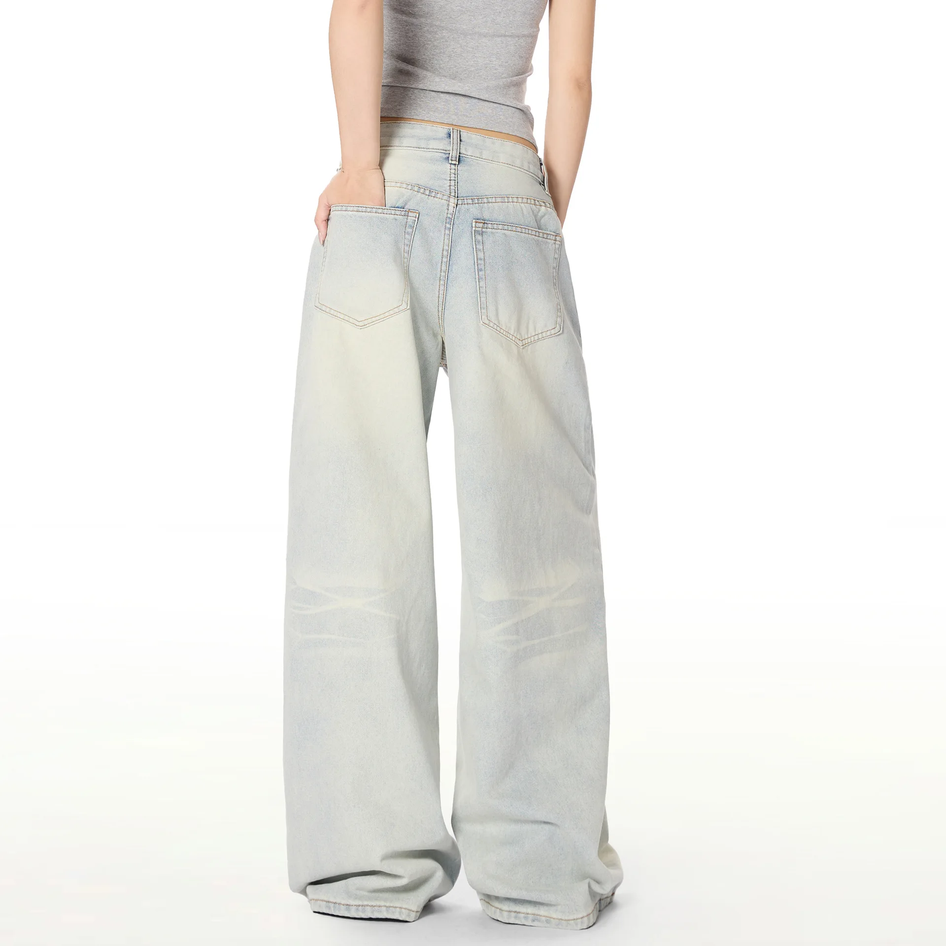 OR FL Women's American-style Water Wash Blue Wide Leg Pants Jeans Trendy Brand Cleanfit Simple Slacks Staraight Leisure Trousers