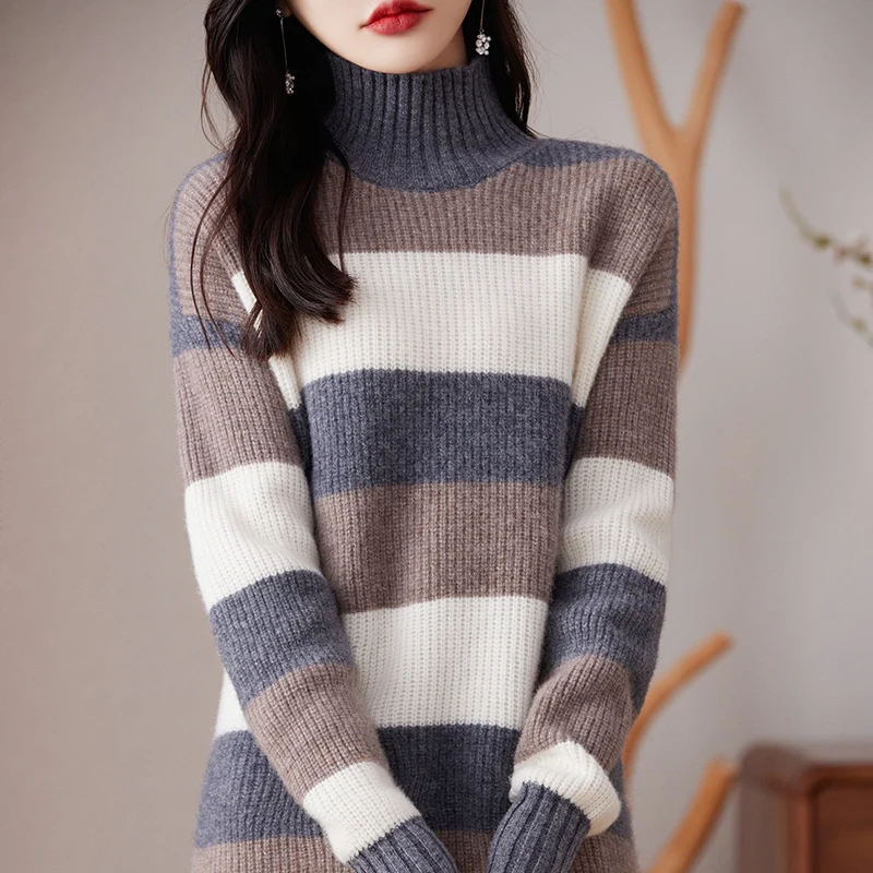 BELIARST Autumn/Winter 2023 New Women\'s Clothes 100% Merino Wool Sweater Knitted Pullover High Neck Dress Color Matching M-8159