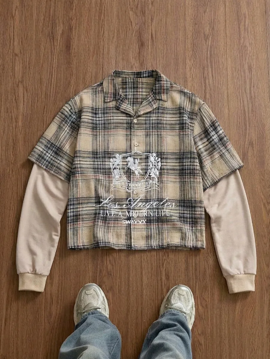 

Men's Cropped Plaid Button-Up Shirt with Layered Sleeve Design