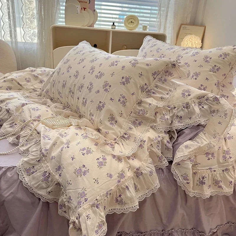 100% Cotton Vintage Countryside Rose Floral Lace Ruffles Duvet Cover Set Bed Skirt Or Bed Sheet Pillowcases Girls Bedding Set