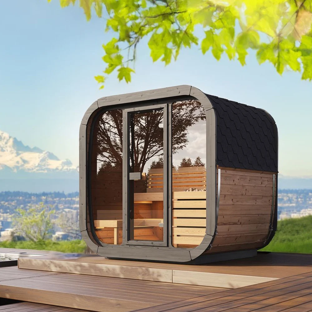 Modern Design 4~6 Person Solid Wood Cube Sauna Room Electric Heating Wet Steam Sauna For Villas Outdoor Usage