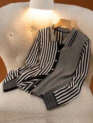 ADDONEE Women Striped Sweater Shirt Office Lady Simple Style Cardigan 100% Merino Wool Knitwear Spring Autumn Female Clothes Top