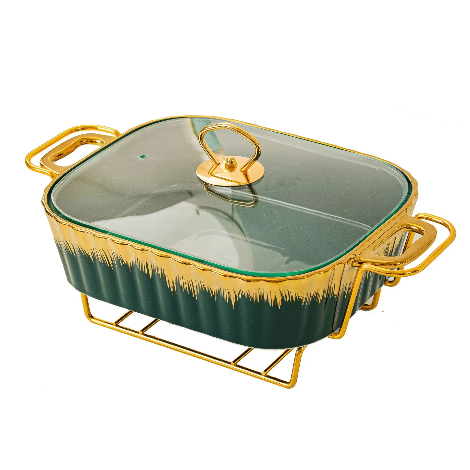 11/13/15 Inches Rectangular Golden Double ear Baking Tray Hot Pot Tableware Candle Heating Hotel Dry Soup Pot Creative Pot Rack