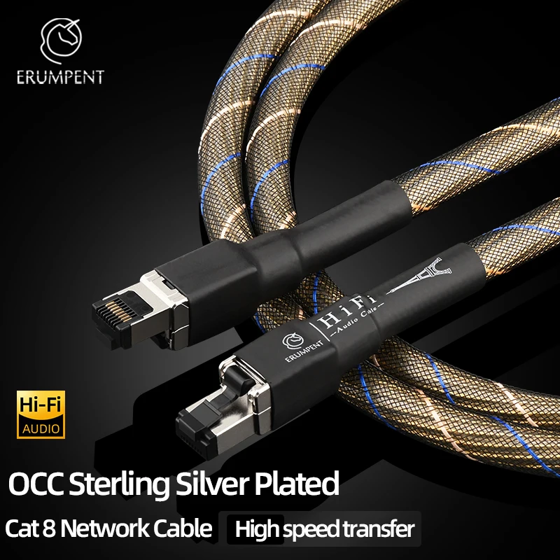 HiFI Audio Cat8 Ethernet Cable OCC Sterling Silver Plated High Speed 40Gbps 2000MHz RJ45 Internet Lan Cord for Pouter Laptop